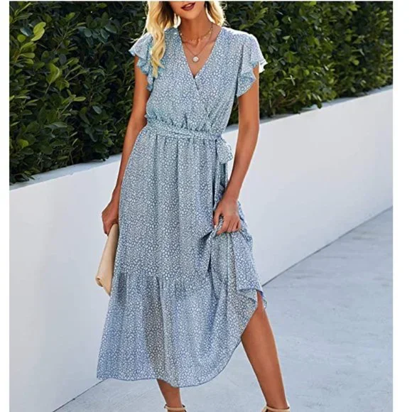 Blue Leopard Print Spring Summer Midi Dress Ruffle Sleeve Tiered V Neck Wrap S | Color: Blue/White | Size: S | Pm-49910217's Closet Blue Leopard Print Spring Summer Midi Dress Ruffle Sleeve Tiered V Neck Wrap S | Color: Blue/White | Size: S | Pm-49910217's Closet